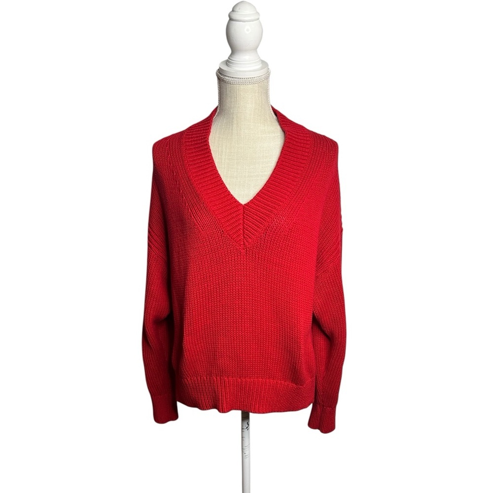 J. Crew Bold Red Cotton Cable Knit V-Neck Sweater size Medium